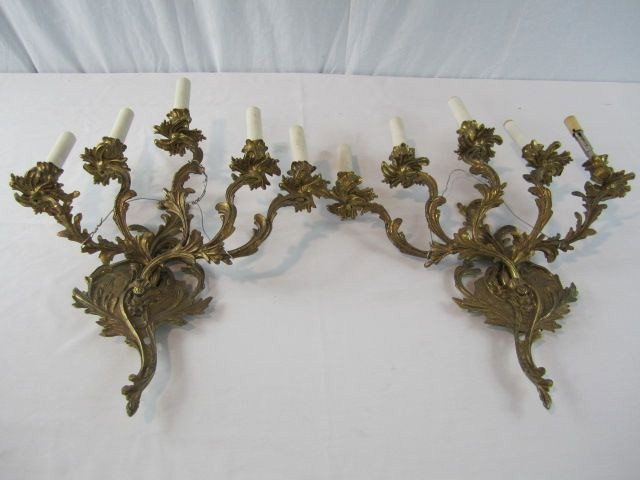 A44-32 PAIR OF BRONZE 5 ARM WALL SCONCES: Measures 24" tall. Estimate
