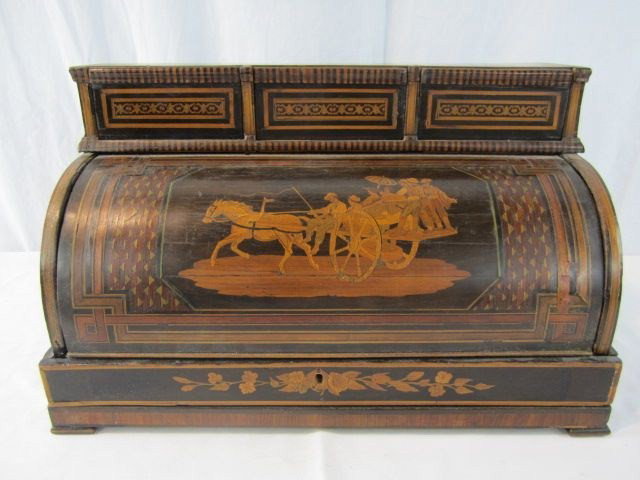 A44-37 ANTIQUE ITALIAN TRAVELING ROLL TOP DESK: Circa 1880. Measures 11 1/2" tall x 19" wide x 10 1/2" deep. Estimate