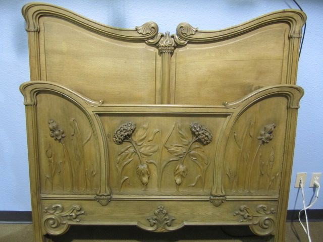 A14-97 FINELY CARVED ART NOUVEAU BED: Includes head board, foot board, and side rails. Double size without mattresses. Estimate
