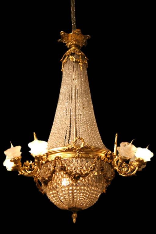 (C949) CRYSTAL & ORMOLU CHANDELIER: Circa 1880 France. In good condition. 44" tall x 30" diameter