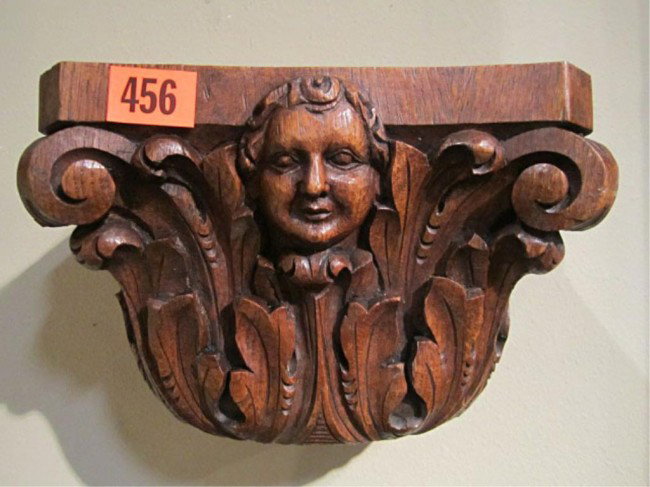 (NV) CARVED WALL HANGING: With 3 faces. Circa 1880 France. Measures 7 1/2" tall x 11" wide x 8 1/2" deep. In good condition.