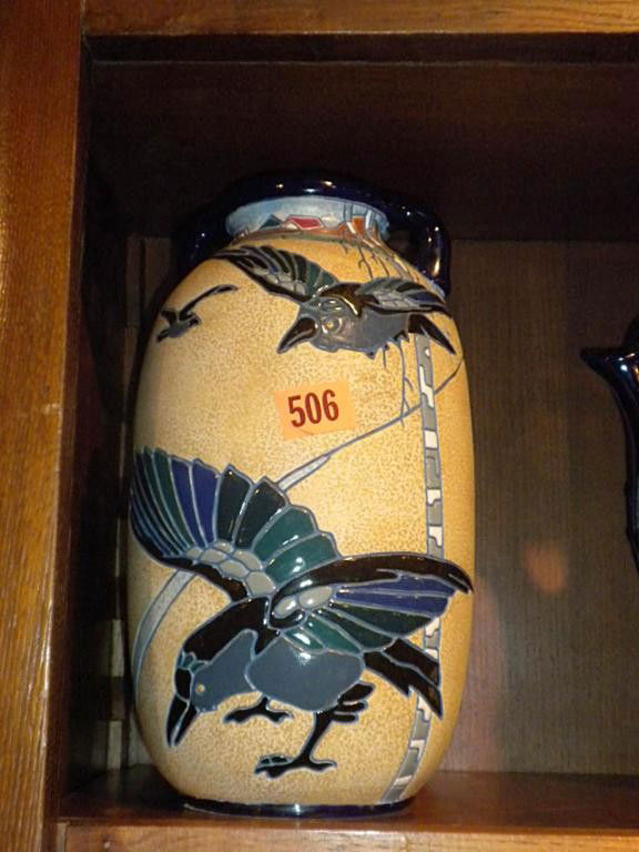 (M850) AMPHORA VASE WITH RAVENS: In good condition. Measures 13 1/2" tall.