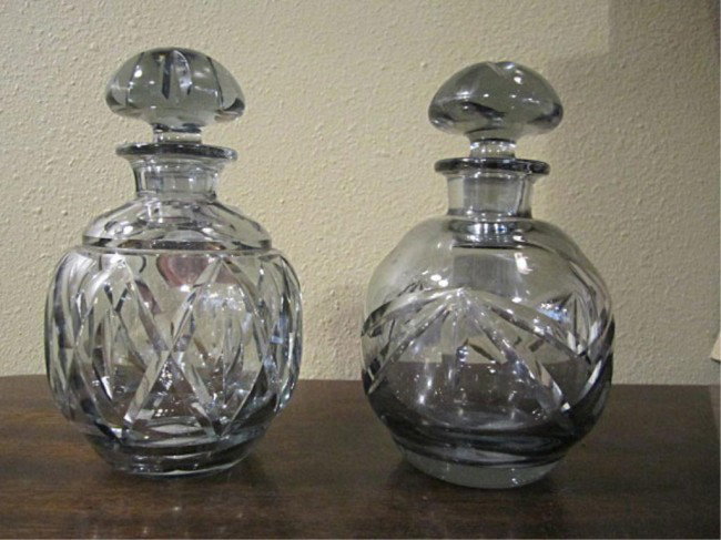 (M638-639) 2 VAL ST LAMBERT CUT CRYSTAL PERFUMES: Circa 1925 Belgium. In good condition. Tallest measures 6 1/2" tall.