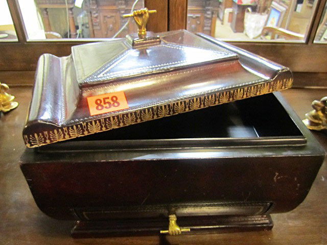 (M14-114) LEATHER COVERED BOX WITH LID: Hand embossed. Measures 10" tall x 12" wide x 9" deep. In good condition.