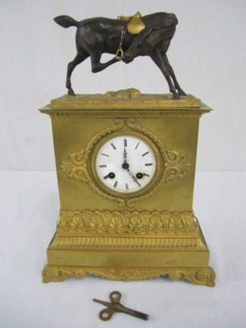 A47-4 GOLD DORE CLOCK WITH HORSE: Overall good condition with missing back cover. Measures 14" tall. Estimate $600 - $800