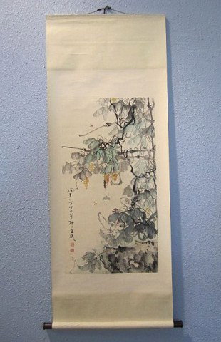 D56-1 HANGING SCROLL BY WANG XUETAO (1903-1982): Insects and fruits. Ink and color on paper. Inscribed and signed with two seals of the artist Beijing, China 1978. In good condition. Measures 35" x 18 1/2". Estimate $500 - $800