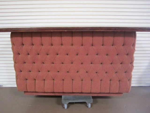A5-7 MILLARD SHEETS BAR: Fabric covered bar with wood and marble top. From the Scottish Rite Museum on Wilshire Blvd. in Los Angeles. Overall fair condition with showing some age. Measures 46" tall x 85" wide x 30" deep. Esti