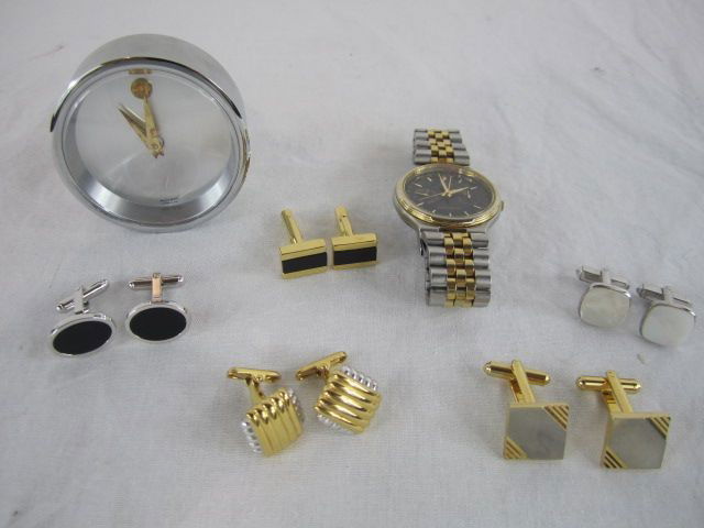 D43-2 LOT OF 7 ASSORTED ITEMS: Includes Movado clock made in Germany, Citizen watch, and 5 pair of assorted cuff links. All in good condition. Estimate $50 - $150