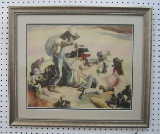 C91-5 SIGNED THOMAS HART BENTON GELATONE PRINT: Titled "Cotton Pickers". Measures 26" x 22" with frame. Estimate $400 - $700