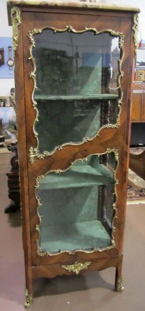 C33-3 VITRINE WITH BRONZE ORMOLU & MARBLE TOP: Measures 63" tall x 23" wide x 16 1/2" deep. Estimate $600 - $900