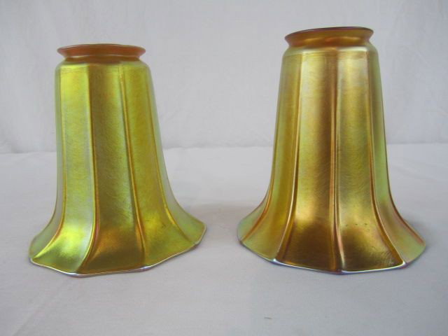 A44-127 PAIR OF QUEZAL GOLD RIBBED SIGNED SHADES: Measures 5 1/2" tall x 5" diameter. Estimate $200 - $300