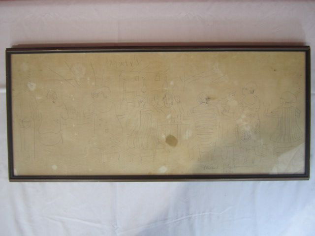 A41-18 MILLARD SHEETS PENCIL DRAWING: On table cloth, signed, dated 1973 and titled "Monty's". Measures 7 3/4" x 39 3/4" with frame. Estimate $200 - $500