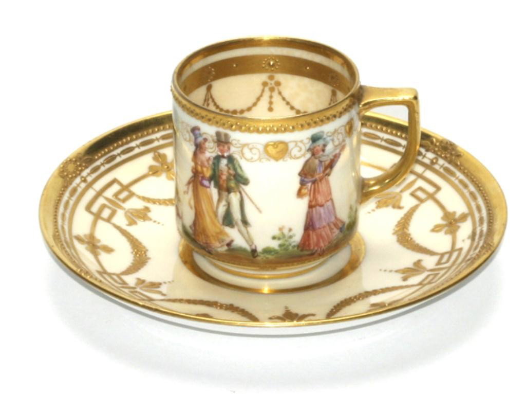 F60-163 DRESDEN CUP & SAUCER: Hand painted porcelain cup measures 2" tall and saucer 5" diameter. Estimate $400 - $800