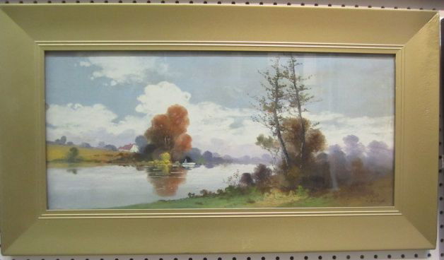 F60-216 WATERCOLOR BY BRALEY: Clarence E. Braley (American 1854-1927)- Early Fall Landscape- pastel on cardboard, signed C. Braley lower right. Measures 16 1/2" x 29 1/2" with frame. Estimate $300 - $600