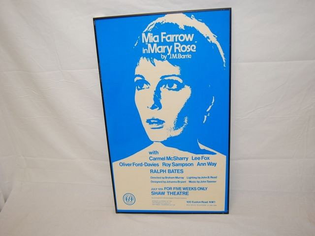 MIA FARROW IN MARY ROSE BY J.M. BARRIE POSTER: Measures 31-½" x 20". Shaw Theatre 69th Company. Laid to Board. Minor surface spots on backside