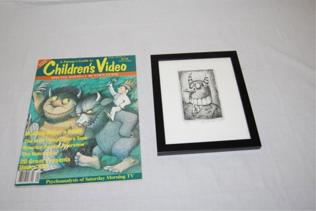 MAURICE SENDAK SIGNED ETCHING "THE WILD THINGS": Limited Edition 3 of 15 . Signed by Maurice Sendak. Image measures 6" x 7 ½ ". Framed. Plus Magazine