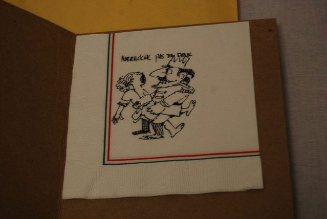 ORIGINAL PEN & INK DRAWING BY MAURICE SENDAK: Titled "Nutcracker Pas De Deux" drawn on a cocktail napkin. Unsigned. Found among The Nutcracker Archival production material Measures 4-¾" x 4-¾".