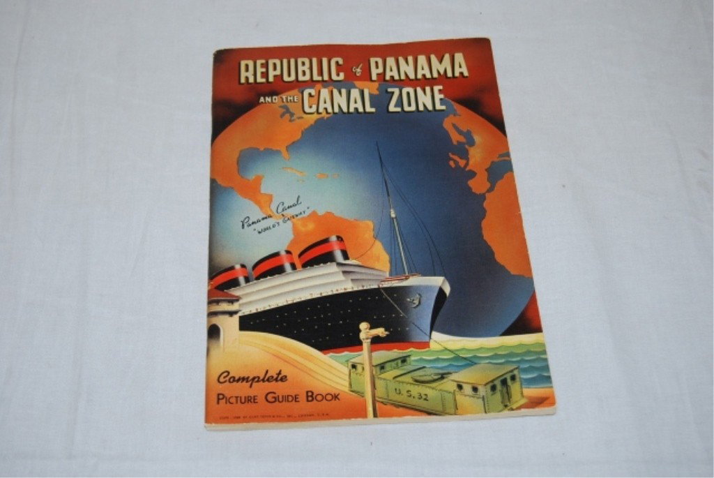 REPUBLIC OF PANAMA CANAL ZONE: COPR. 1940 by Curtis Teich & Co., Chicago, USA. Complete picture guide is soft cover and illustrated. Autographed/signed by: Lt (jg) W. F. Carroll Jr. August 1945. Nice condition. Staples at binding. 
