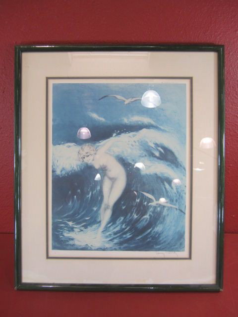 F98-1 ORIGINAL 1931 LOUIS ICART: "Venus In The Waves." Signed "Copyright 1931 L. Icart, Paris". Measures 27 3/4" x 23 1/2" with frame. Estimate $300 - $700