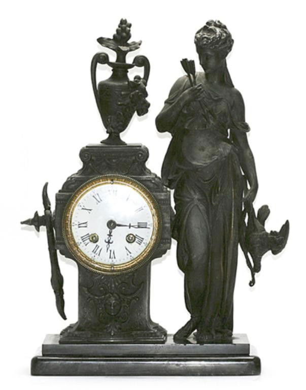 F60-88 SPELTER DIANA CLOCK: With a french movement by Japy Freres, mid 19th century Measures 15" tall. Estimate $500 - $1,500