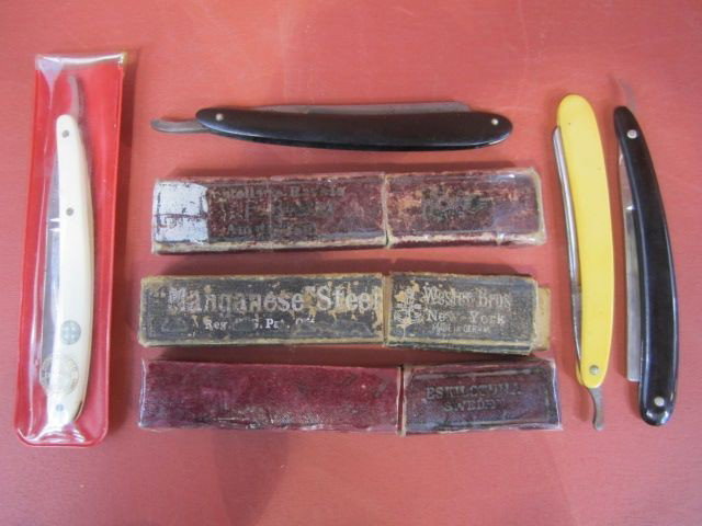 A4-6 LOT OF 7 ANTIQUE STRAIGHT RAZORS: Some in original boxes. Estimate $100 - $200