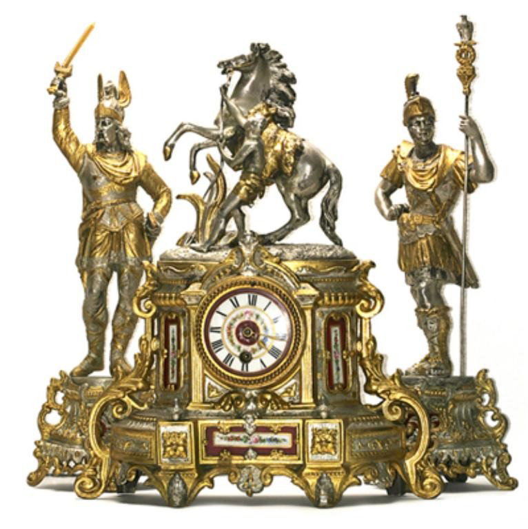F60-13 FRENCH RED SEVRES GARNITURE CLOCK SET: Circa 1800's rare silver and gold gilt metal French clock garniture set with hand painted red sevres porcelain panels. Clock has a rearing horse and rider mounted to the top with various embossed and 