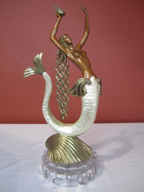 F48-1 ERTE MERMAID BRONZE SCULPTURE: Limited Edition number 233/375 with hand applied patina, polished embellishments and crystal base. Circa 1990. Comes with certificate. Measures 20" tall x 9" wide. Estimate $1,500 - $2,500