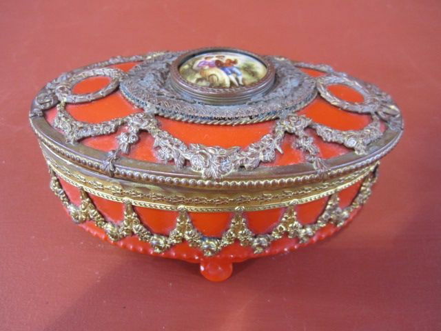 A9-7 BAVARIAN PORCELAIN & BRONZE DECORATED BOX: 19th Century. Hand painted on top. Marked on bottom. Measures 3" tall x 6" wide. Estimate $400 - $600