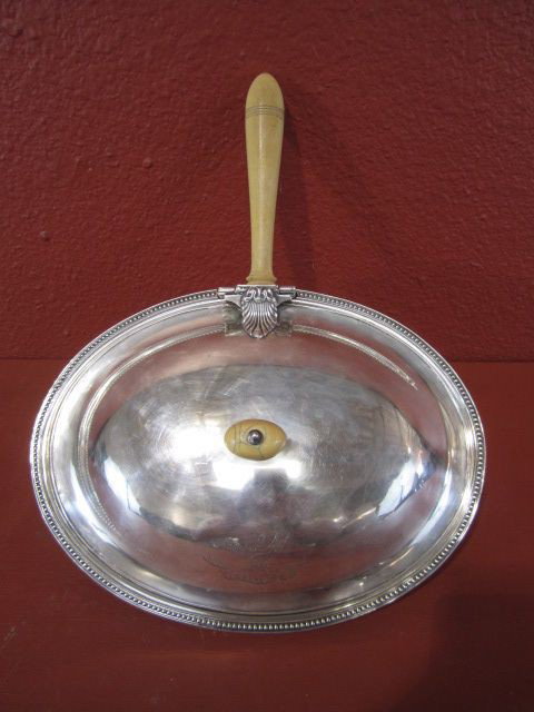 A11-39 CHAFING DISH WITH IVORY KNOB ON LID: Handle is possibly bone. Measures 4" tall x 13 3/4" wide. Estimate $300 - $700