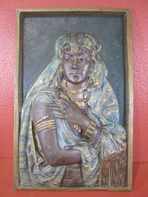 A45-24 SIGNED CAST IRON RELIEF OF CLEOPATRA: Signed "Hottot." 19th Century. Measures 24 1/2" tall x 16" wide. Estimate $3,000 - $4,000