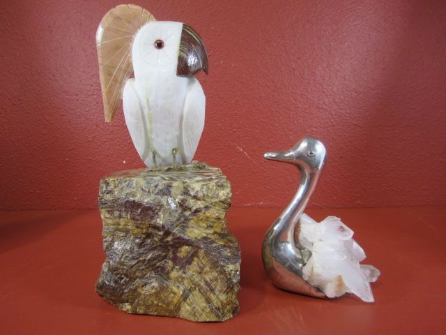D44-6 LOT OF 2 BRAZILIAN STATUES: Including silver duck with quartz stamped "Grupo Gal 900" 8" tall and onyx and marble owl on hard rock base 14 1/2" tall. Estimate $200 - $400