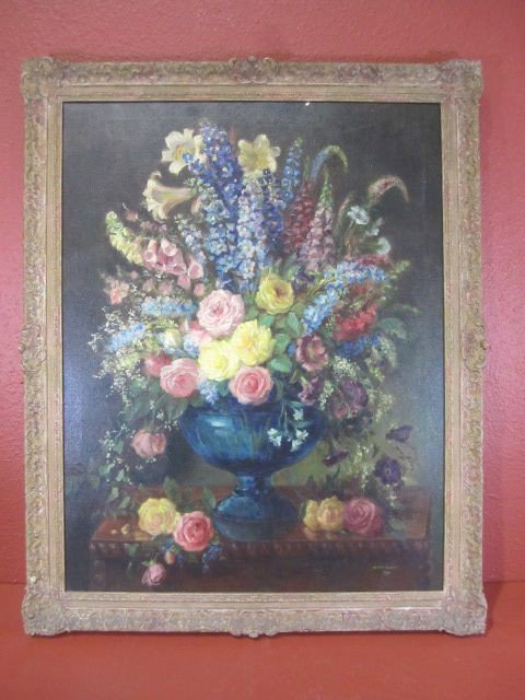 A11-30 SIGNED "SCULLY" STILL LIFE OIL PAINTING: Dated 1930. Canvas measures 28" x 36". Estimate $1,800 - $2,500