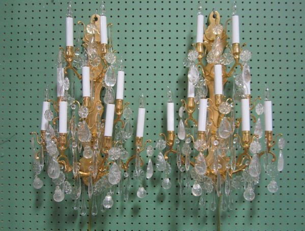 A4-2 PAIR OF ROCK CRYSTAL DORE GOLD WALL SCONCES: Measures 25" tall x 15" wide. Estimate $300 - $700