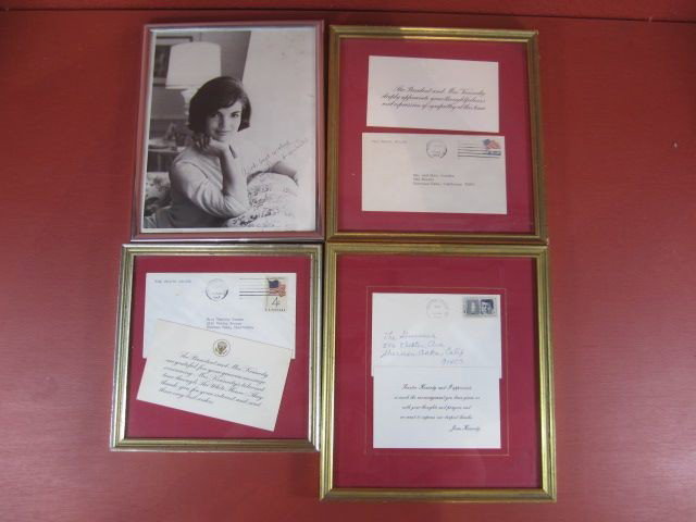 E12-1 SIGNED JACQUELINE KENNEDY PHOTO WITH LETTERS: Lot includes framed 8 x 10 photo signed "With best wishes, Jacqueline Kennedy", 2 framed White House letters, and 1 framed letter from Joan Kennedy. Largest measures 10 3/4" x 9 3/4".