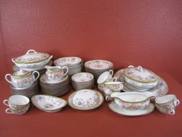 E26-3 NIPPON 91-PC HAND PAINTED CHINA SET: Marked "Hand painted Nippon" with maple leaf on bottom. Some small chips; one plate has been repaired.