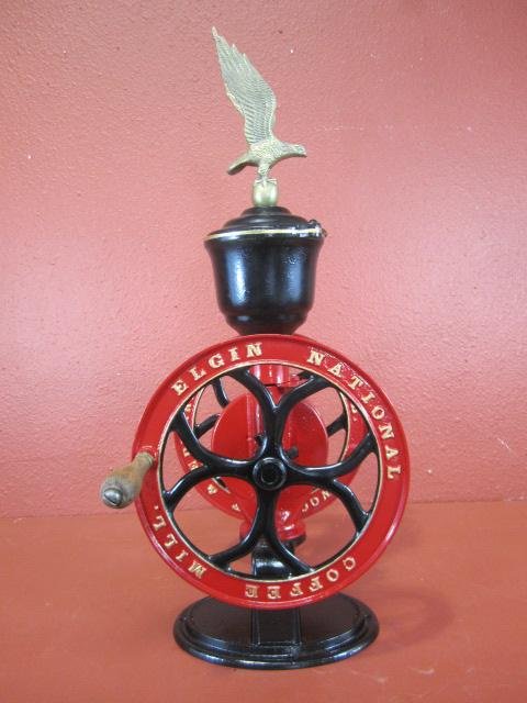 E41-1 ELGIN NATIONAL COFFEE MILL: Model 46 coffee grinder. Mady by Woodruff & Edwards Co. Elgin, Illinois. Measures 30 1/2" tall x 16" wide x 12" deep. Estimate $400 - $800