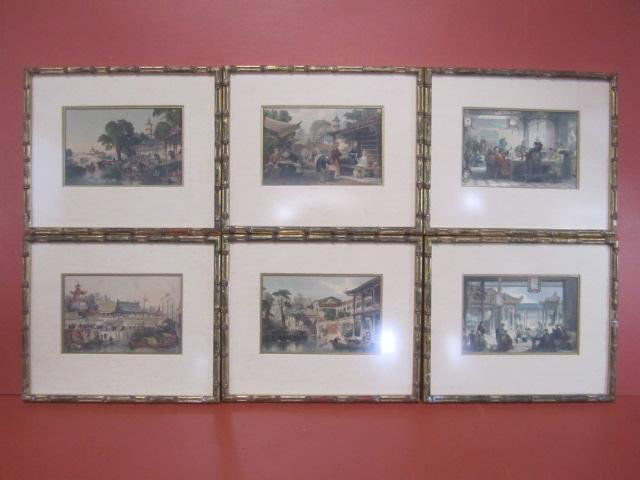 E51-3 SIX HAND TINTED CHINESE SCENIC PICTURES: By Thomas Allom Paris, France 1830. Each measure 10" x 12" with frames. Estimate $100 - $300