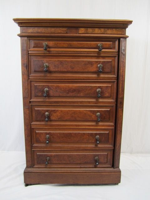 A19-14 WALNUT CHEST WITH DROP FRONT DESK: Measures 56" tall x 35" wide x 20" deep. Estimate $700 - $1,200