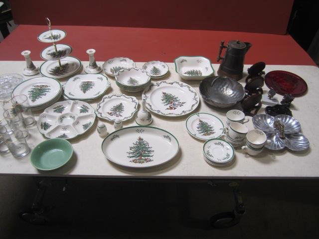 E62-1 HUGE BOX LOT OF ASSORTED ITEMS: Including 32 pieces of Spode Christmas Tree pattern, 4 pieces of Spode Disney Christmas Tree pattern, 7 Christmas glasses, cut crystal dish, copper bowl, crab dish, Bauer pottery bowl, red plate, coin