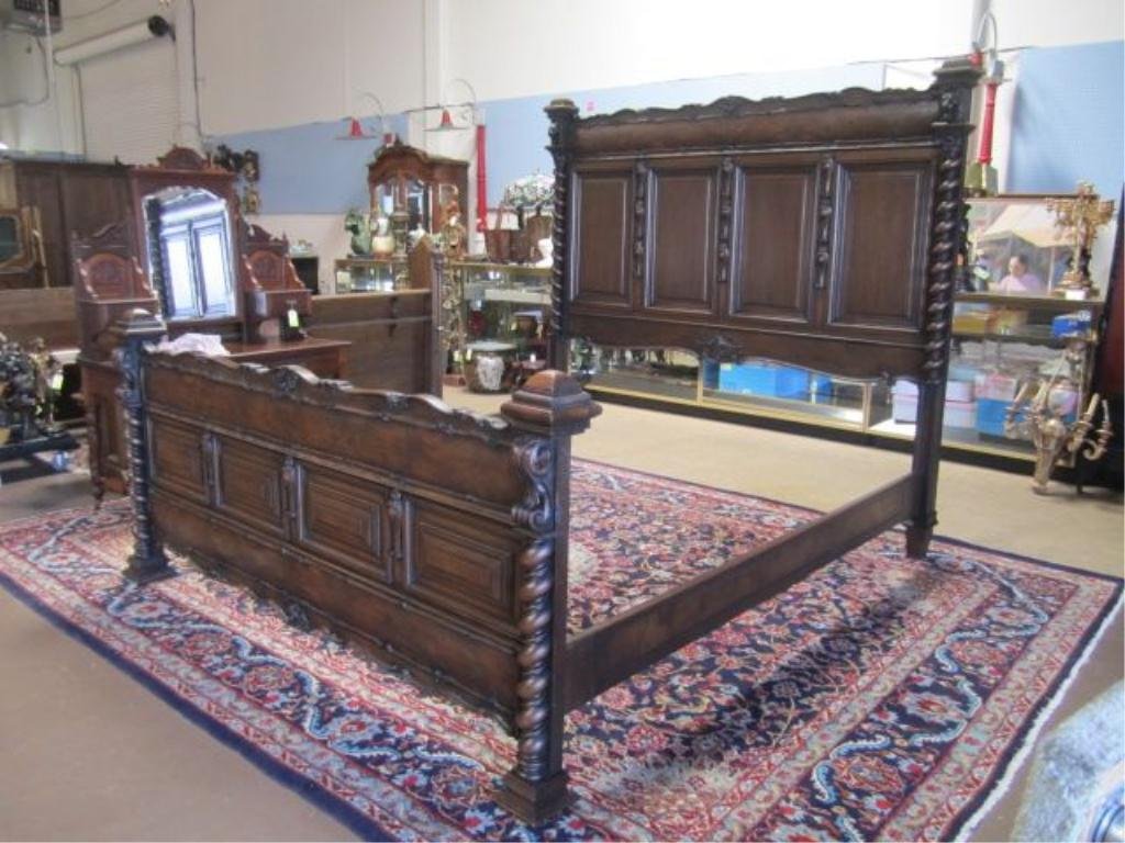 A1-4 CARVED WALNUT KING HEAD & FOOT BOARDS: With rails. Head board measures 78" tall x 84" wide. Foot board measures 41 1/2" tall x 87" wide. Estimate $1,500 - $2,500