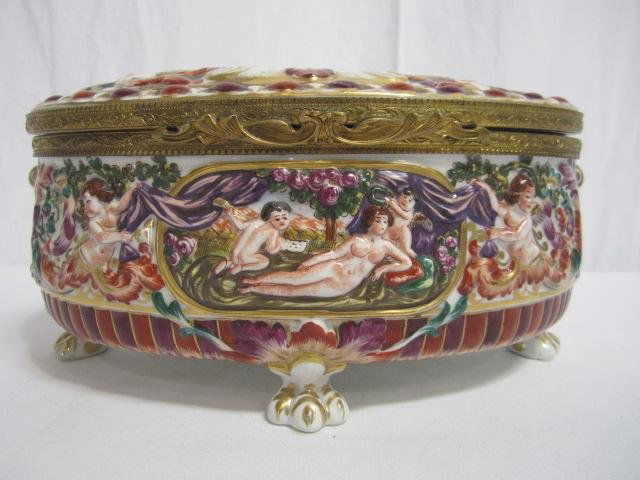 A6-33 CAPODIMONTE BOX: Measures 5" tall x 9 1/2" wide x 6" deep. Estimate $500 - $800
