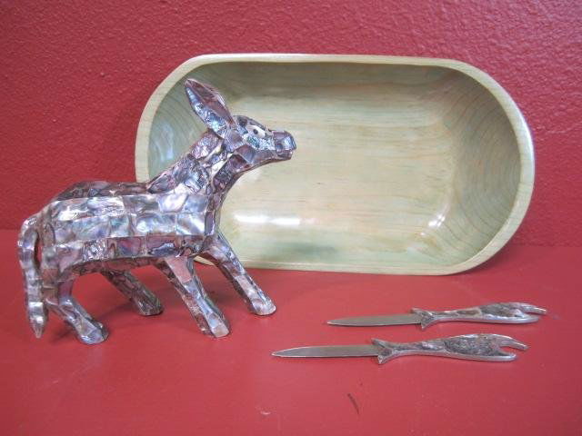 E60-2 BOWL, DONKEY & 2 LETTER / BOTTLE OPENERS: Wooden bowl 2 1/2" x 16 1/2" x 8 1/2", mother of pearl donkey 7 1/4" tall x 8 1/2" wide and 2 mother of pearl bottle / letter openers 7 1/2" long. Estimate $100 - $200