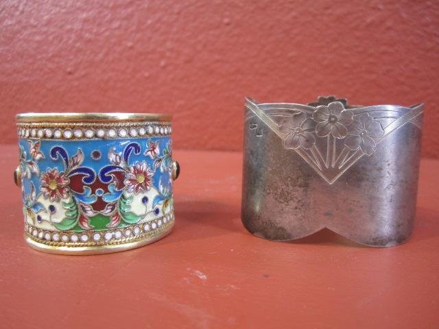 A45-26 LOT OF 2 RUSSIAN SILVER NAPKIN RINGS: With hallmarks. One is enameled and jeweled. Estimate $600 - $800 Starting Bid $500