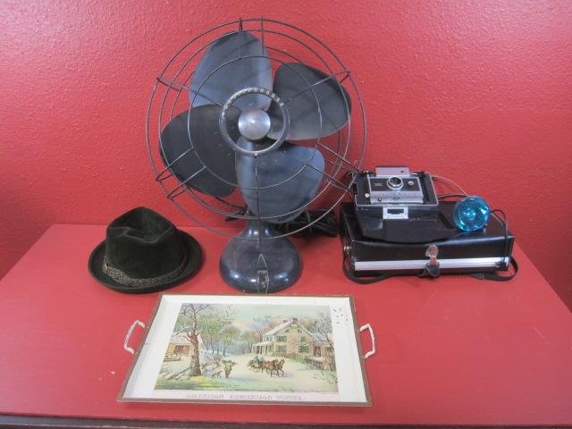 G34-3 ANTIQUE FAN, STETSON HAT, OLD CAMERA & TRAY: Estimate $100 - $300 Starting Bid $50
