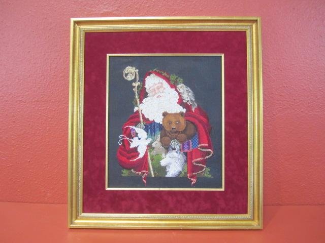 G57-20 SANTA NEEDLE POINT STICHERY ARTWORK: This stunning needlepoint was stitched by Barbara (Bobbi) Tyler, a well known needlepoint artist in SoCal. Studied with Susan Portra and Peter Ashe. A large yet delicate work with 10's of thousands of