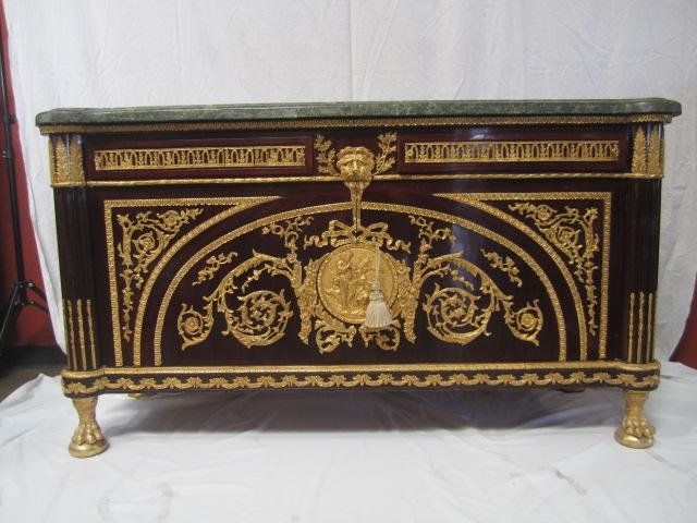 A11-26 FRENCH CABINET: With gilt bronze ormolu and green marble top. Measures 36 1/2" tall x 66" wide x 22 1/2" deep. Estimate $3,500 - $4,500 Starting Bid $1,800