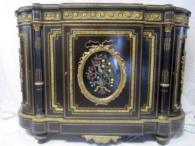 A11-28 FRENCH CABINET: 19th century with gilt bronze ormolu, jade, turquoise, and black marble top. Measures 45" tall x 65" wide x 18" deep. Estimate $6,000 - $9,000 Starting Bid $4,500