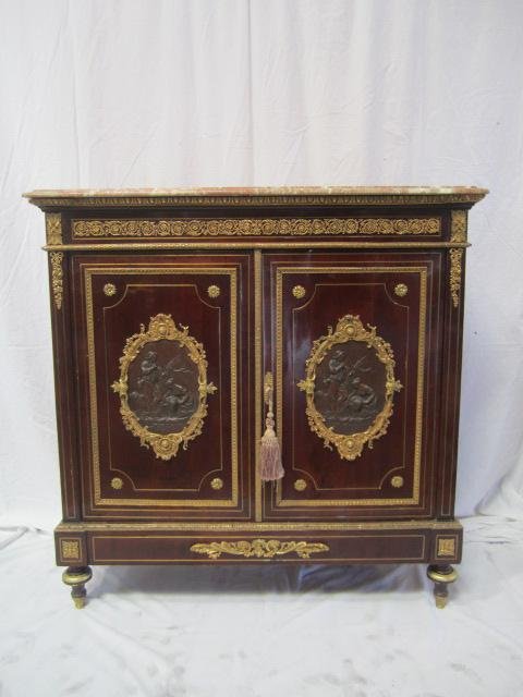 A11-31 FRENCH CABINET: With gilt bronze ormolu and rouge marble top. Measures 45 1/2" tall x 46" wide x 16" deep. Estimate $6,000 - $9,000 Starting Bid $3,800