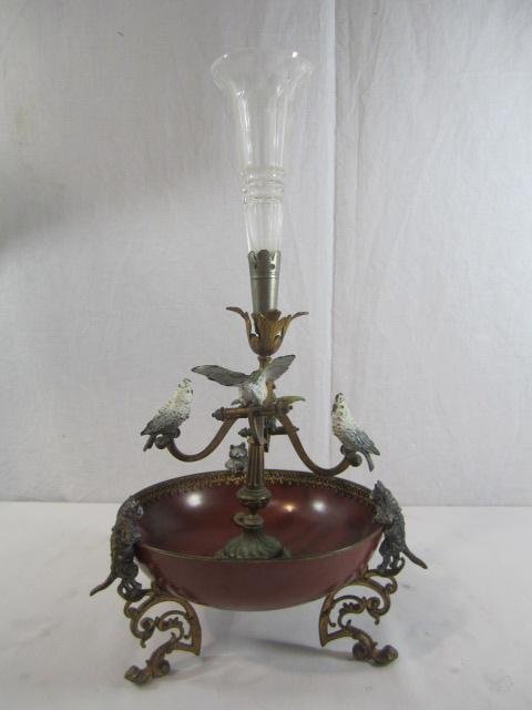 G17-2 EPERN MOTION BRONZE BIRD BATH: With cats sitting on the edge and birds teeter tottering. Measures 18" tall. Estimate $400 - $700 Starting Bid $250
