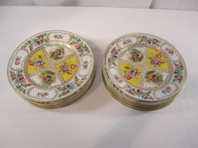 F89-14 TWELVE BAVARIAN DINNER PLATES: Hand painted and marked "Royal Dresden Art Bavaria Schumann". Measures 11" diameter and one 10" diameter. Estimate $1,200 - $1,400 Starting Bid $600